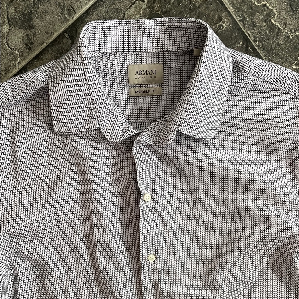 ARMANI Modern Fit Black & White Micro-Houndstooth Grid Pattern Dress Shirt